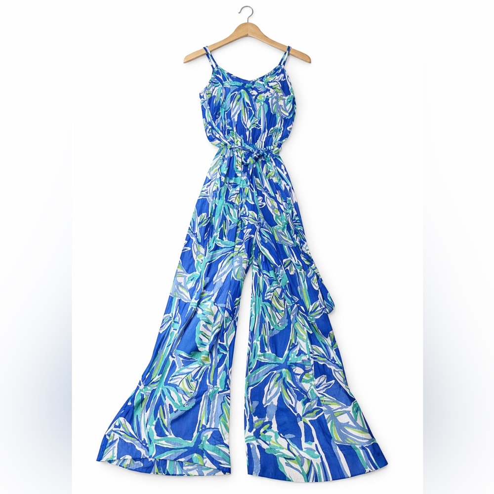 Lilly Pulitzer Blue Green Tropical Palazzo Jumpsuit Large Resort Vacation